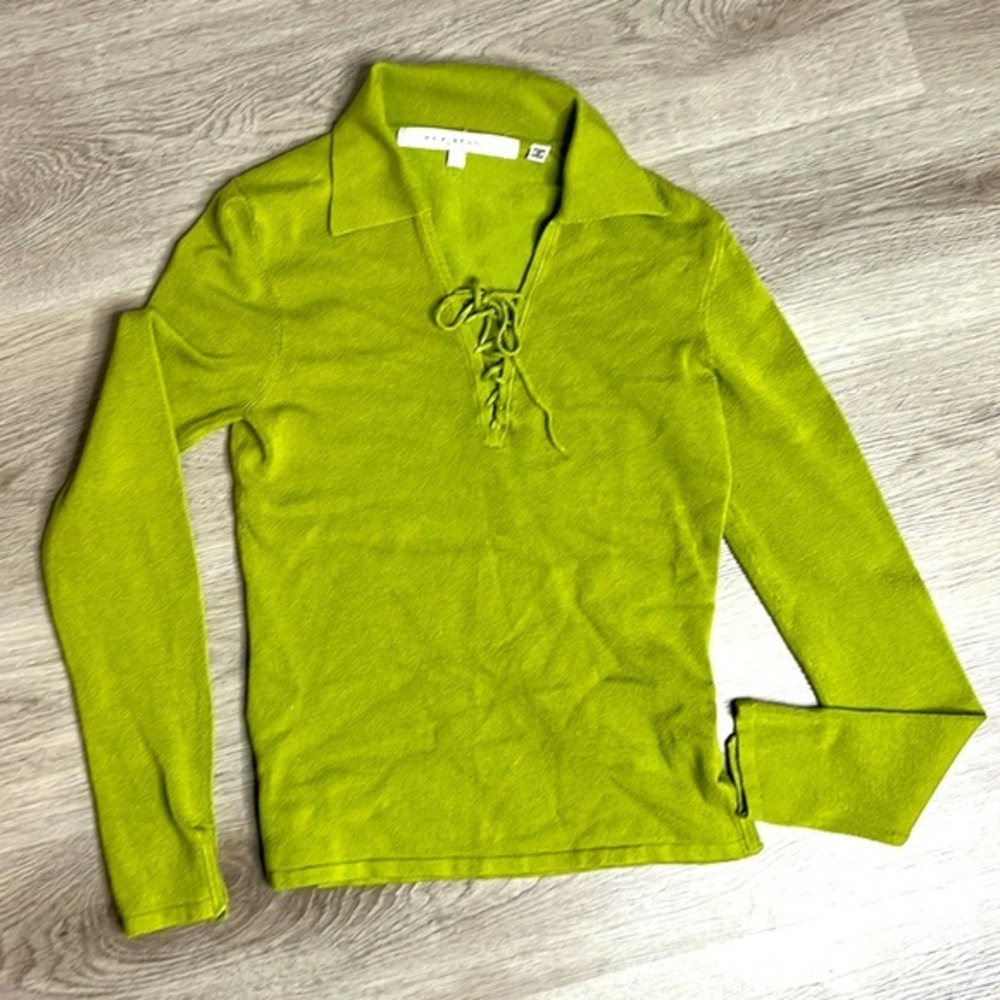 Max Studio Lime Green Lace Up Long Sleeve Top Size Small Collared Stretch Blouse